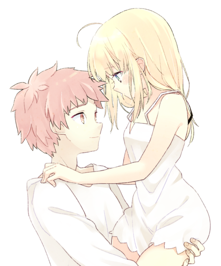 1boy, 1girl, 87banana, ahoge, artoria_pendragon_(fate), blonde_hair, couple, emiya_shirou, fate/stay_night, fate_(series), green_eyes, hands_on_another's_shoulders, looking_at_another, nightgown, redhead, saber, shirt, white_nightgown, white_shirt