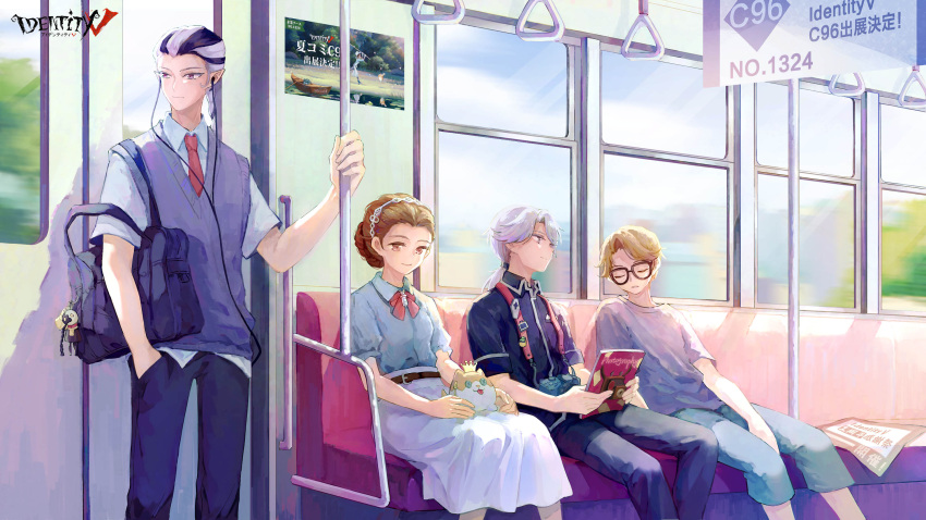 1girl, 3boys, aesop_carl, alternate_costume, animal_on_lap, bag, bag_charm, belt