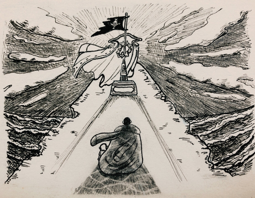 2boys, child, cliff, coat, coat_on_shoulders, crocodile_(one_piece), dual_persona, edward_newgate, flag, flower, from_behind, fur-trimmed_coat, fur-trimmed_sleeves, fur_trim, grave, head_wreath, highres, horizon, inochichi, jolly_roger, male_focus, multiple_boys, naginata, ocean, one_piece, outdoors, planted, planted_spear, polearm, shadow, spear, time_paradox, tombstone, waves, weapon