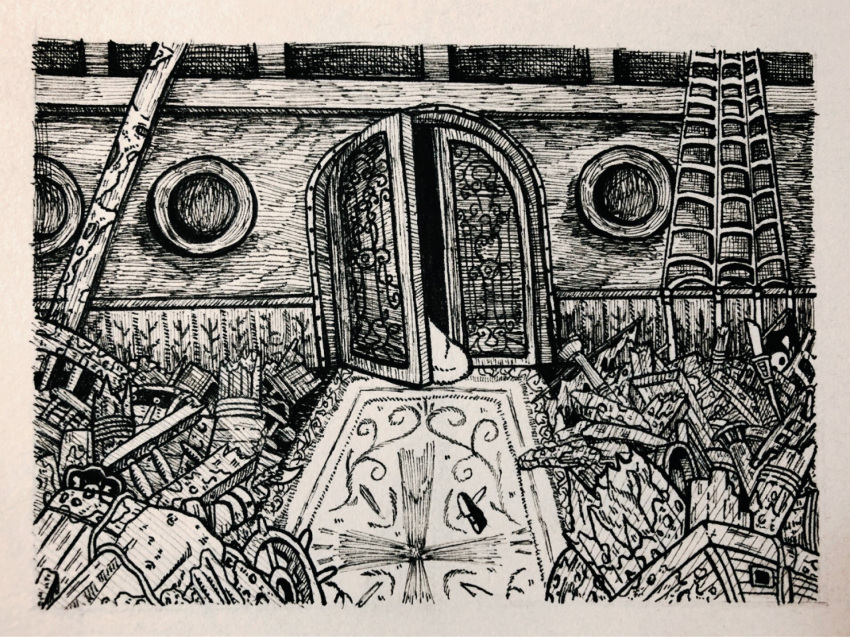 abandoned, coat, crocodile_(one_piece), damaged, door, graphite_(medium), greyscale, highres
