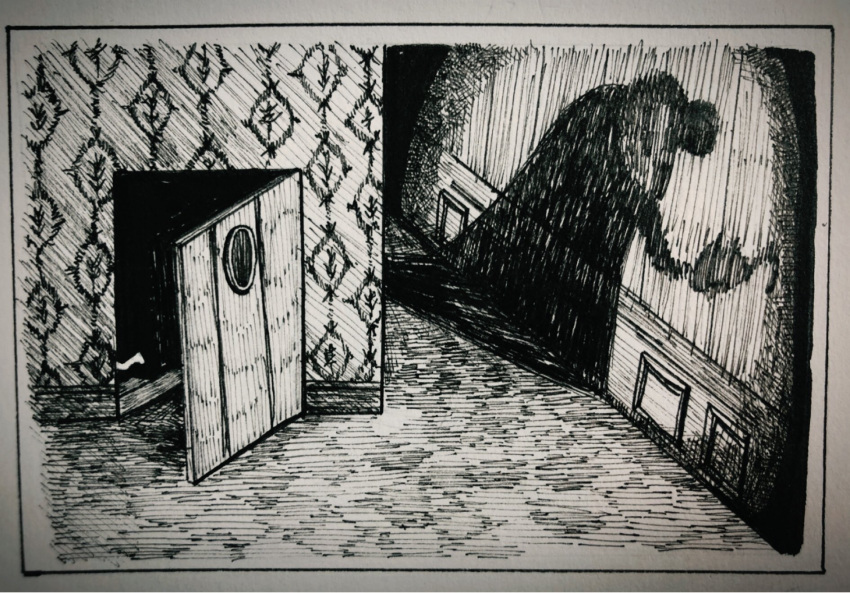 crocodile_(one_piece), door, fleeing, from_above, graphite_(medium), greyscale, highres, hook