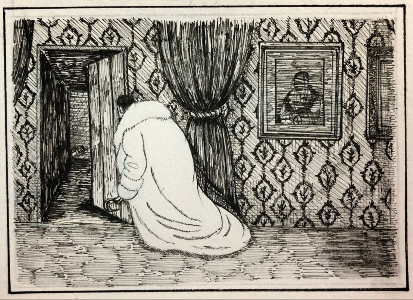 1boy, black_hair, chasing, coat, crocodile_(one_piece), curtains, door, framed_image