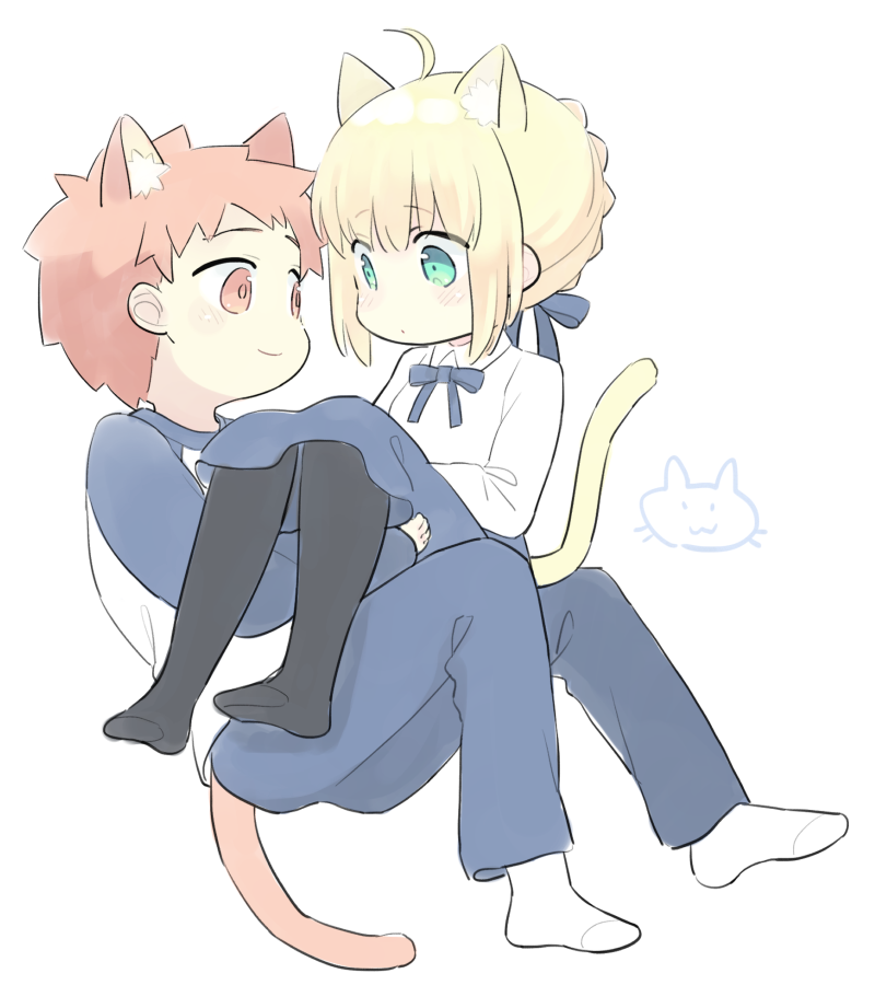 1boy, 1girl, 87banana, ahoge, animal_ears, artoria_pendragon_(fate), black_leggings, blonde_hair