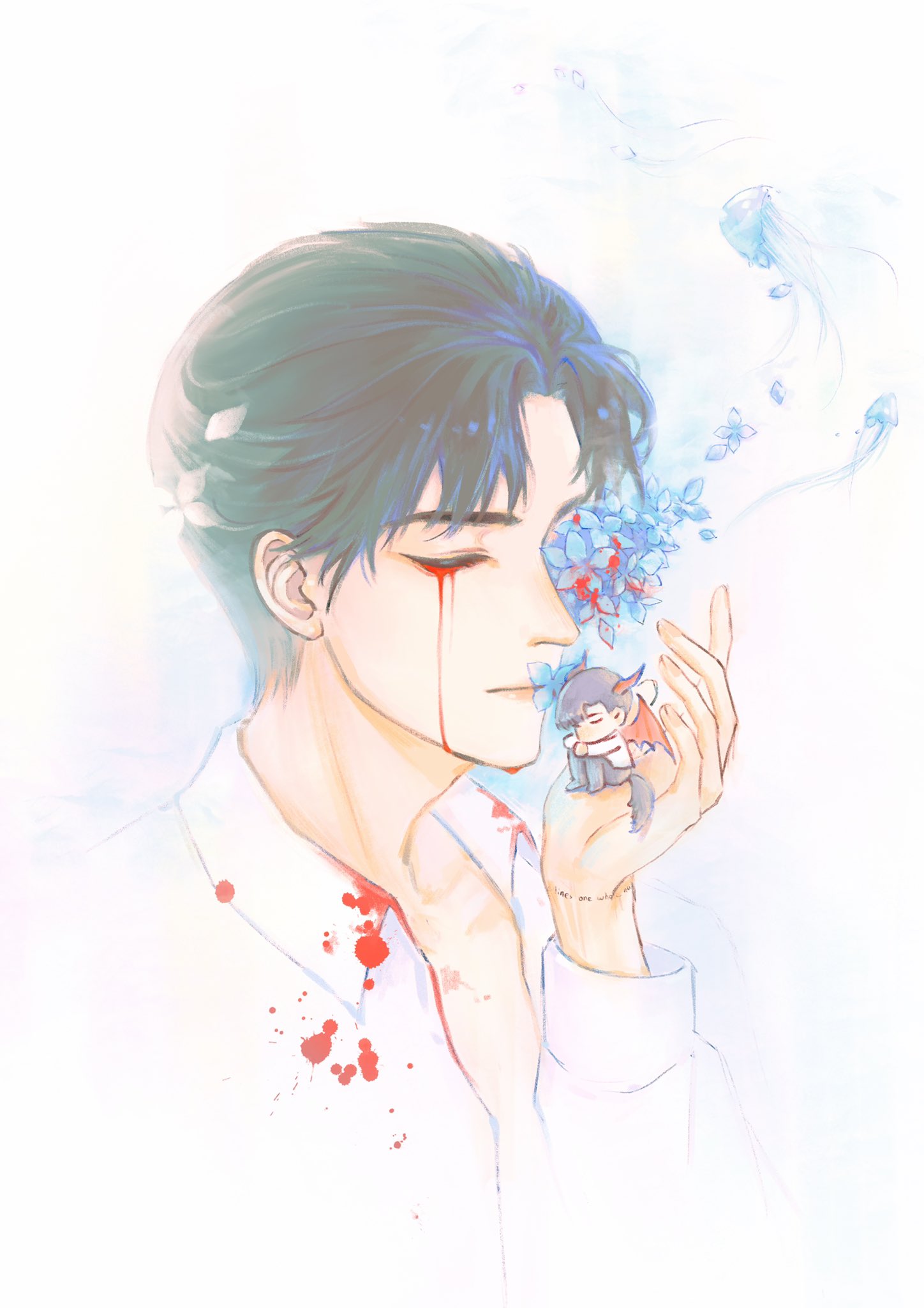 2boys, bat_wings, bishounen, black_hair, blood, blood_from_eyes, blood_on_clothes, blood_on_face, blue_flower, chibi, crying, crying_with_eyes_open, demon, flower, forget-me-not_(flower), heyu, highres, male_focus, medical_record_book, multiple_boys, shirt, short_hair, tears, upper_body, white_shirt, wings, wuyu723250832, xie_qingcheng
