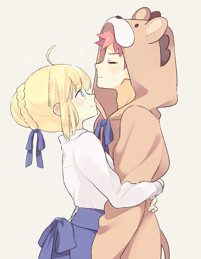 1boy, 1girl, 87banana, ahoge, animal_costume, artoria_pendragon_(fate), assertive_female, blonde_hair