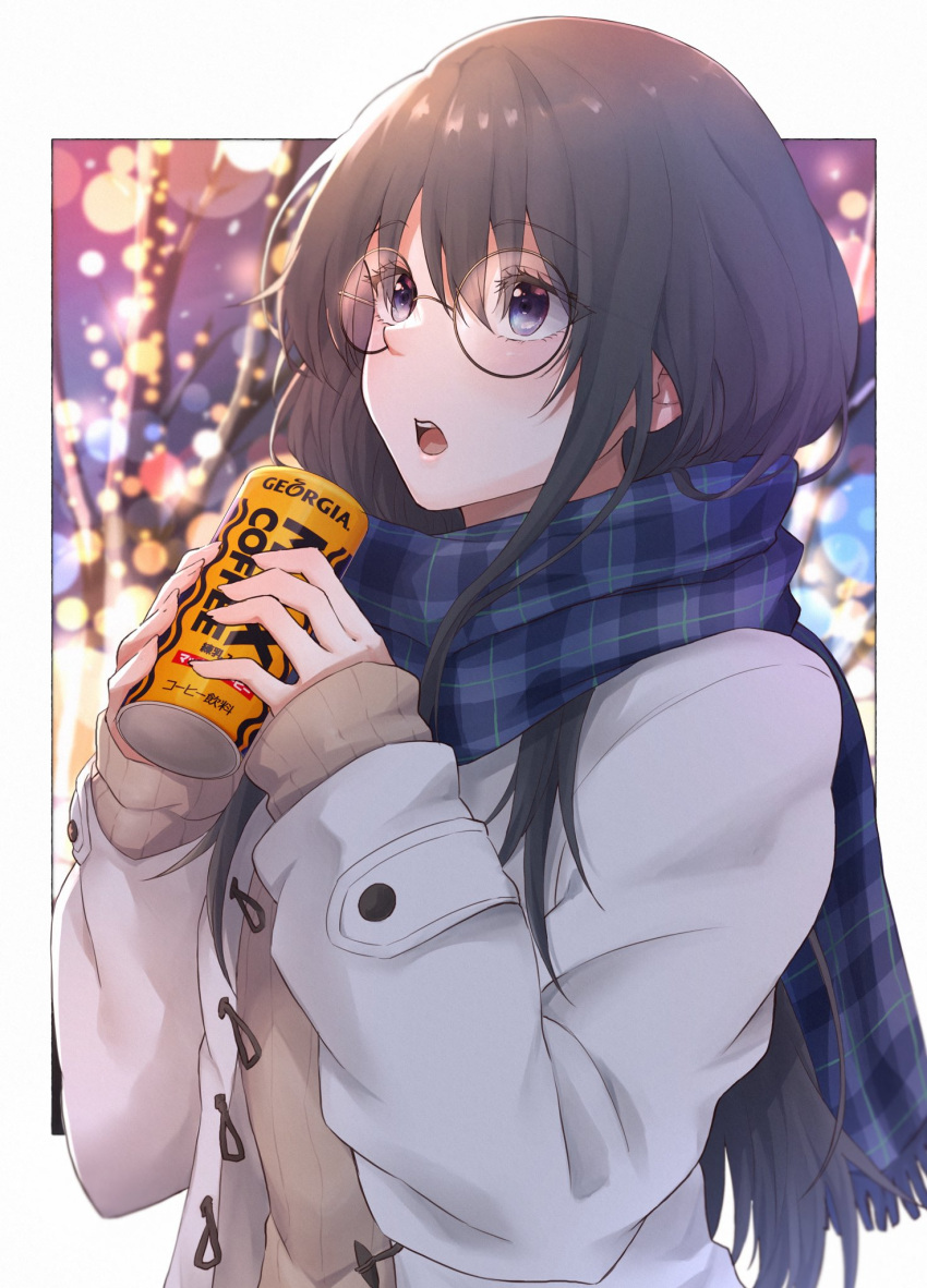 1girl, black_hair, blue_eyes, blue_scarf, can, christmas_lights, coat, glasses, highres, holding, holding_can, light_(lightpicture33), long_hair, long_sleeves, looking_up, open_mouth, round_eyewear, scarf, solo, tree, upper_body, white_coat, winter_clothes, yahari_ore_no_seishun_lovecome_wa_machigatteiru., yukinoshita_yukino