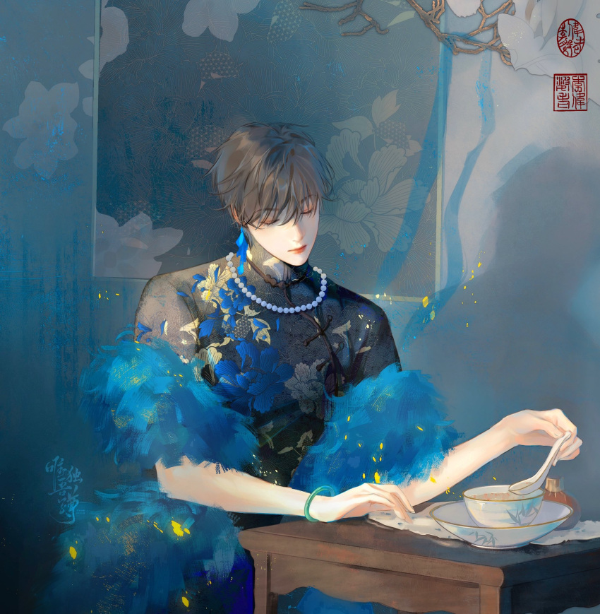 1boy, architecture, bishounen, boki_20cm, brown_hair, china_dress, chinese_clothes, cleavage_cutout
