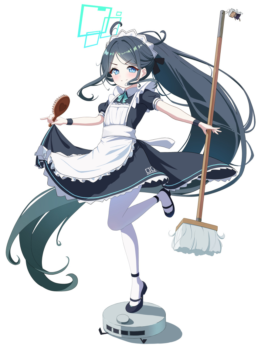 1girl, absurdres, apron, aqua_ribbon, aris_(blue_archive), aris_(maid)_(blue_archive), black_dress, black_footwear, black_hair, black_wristband, blue_archive, blue_eyes, blush, bright_pupils, closed_mouth, collared_dress, commentary_request, dress, full_body, green_halo, halo, highres, holding, holding_mop, loafers, long_hair, looking_at_viewer, maid_apron, maid_headdress, mop, neck_ribbon, official_alternate_costume, outstretched_arms, pantyhose, ponytail, puffy_short_sleeves, puffy_sleeves, ribbon, shoes, short_sleeves, simple_background, skirt_hold, smile, solo, standing, standing_on_one_leg, su2ro, very_long_hair, white_apron, white_background, white_pantyhose, white_pupils