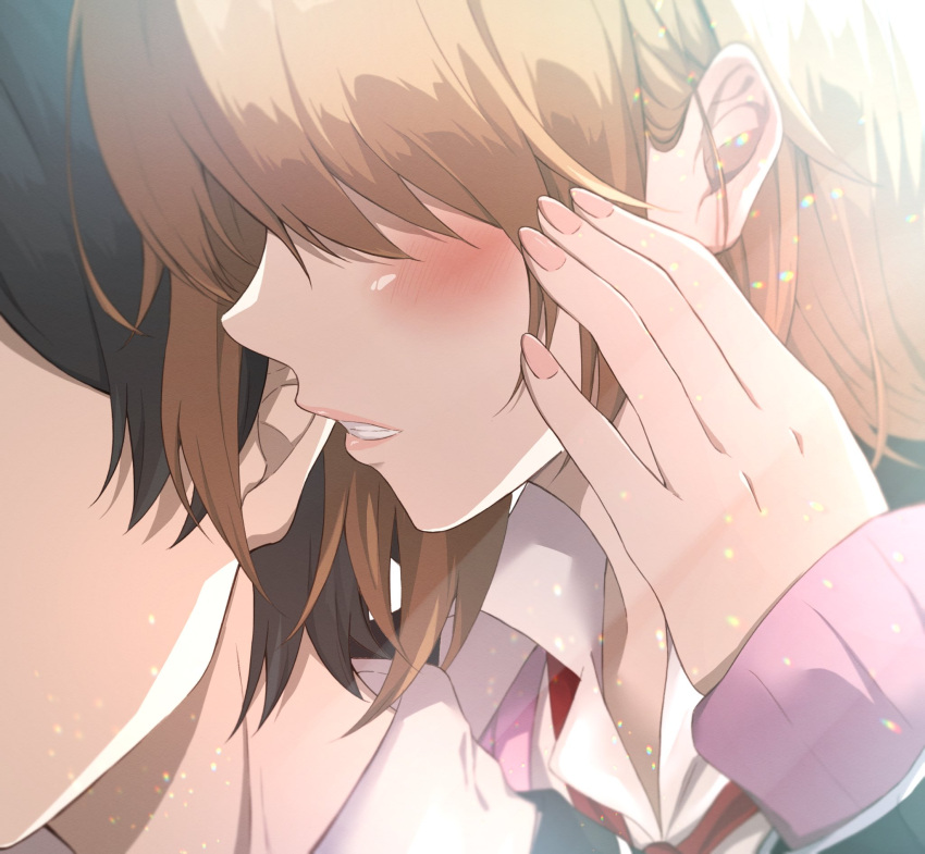 1boy, 1girl, biting, black_hair, black_jacket, blazer, blonde_hair, blush