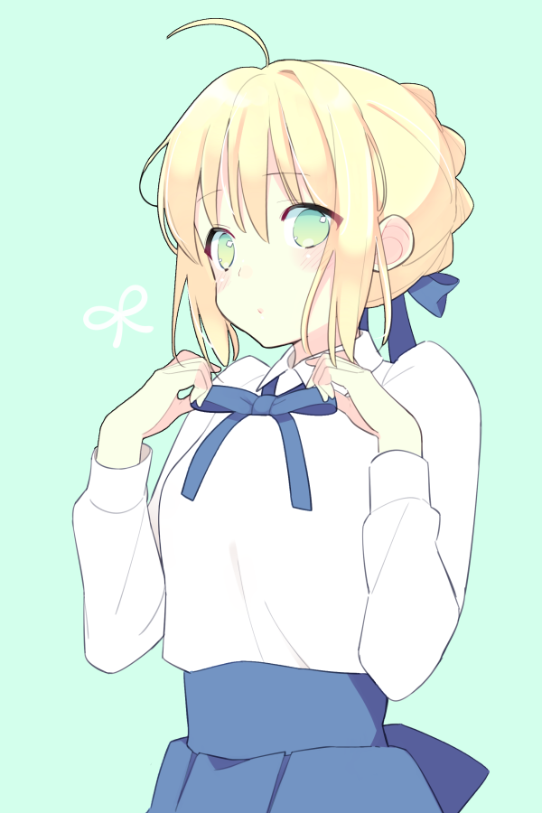 1girl, 87banana, adjusting_bow, ahoge, artoria_pendragon_(fate), blonde_hair, blouse, blue_bow, blue_skirt, bow, braid, fate/stay_night, fate_(series), french_braid, green_background, green_eyes, hair_bow, saber, shirt, skirt, solo, white_shirt