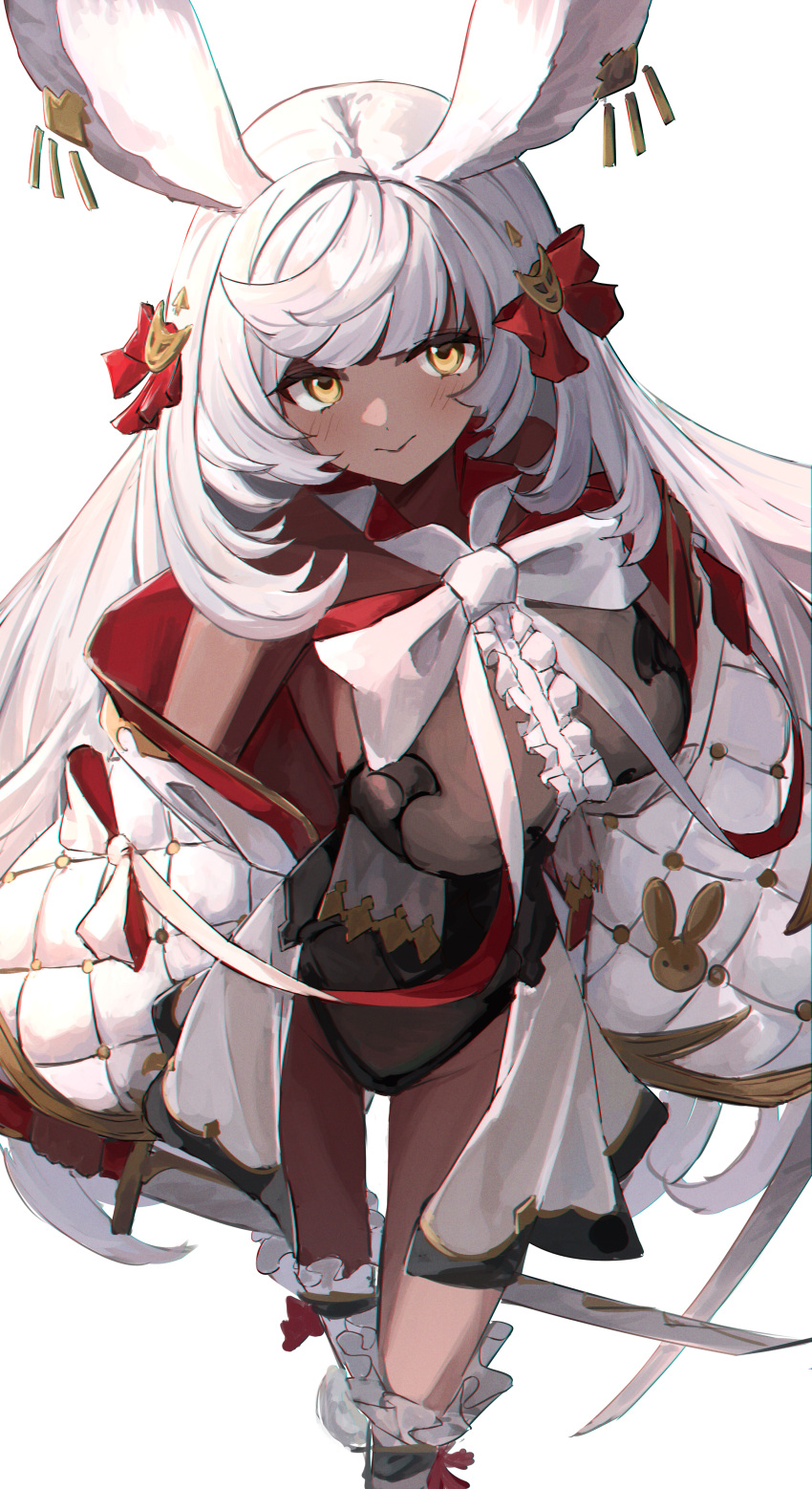 1girl, absurdres, animal_ears, black_leotard, bow, breasts, coat, dark-skinned_female, dark_skin, detached_sleeves, dual_wielding, erune, granblue_fantasy, highres, holding, holding_sword, holding_weapon, katana, large_breasts, leotard, long_hair, looking_at_viewer, makura_(granblue_fantasy), open_clothes, open_coat, rabbit_ears, rabbit_girl, red_ribbon, ribbon, solo, sword, thigh-highs, very_long_hair, weapon, white_hair, white_is, white_rabbit_ears, white_thighhighs, yellow_eyes
