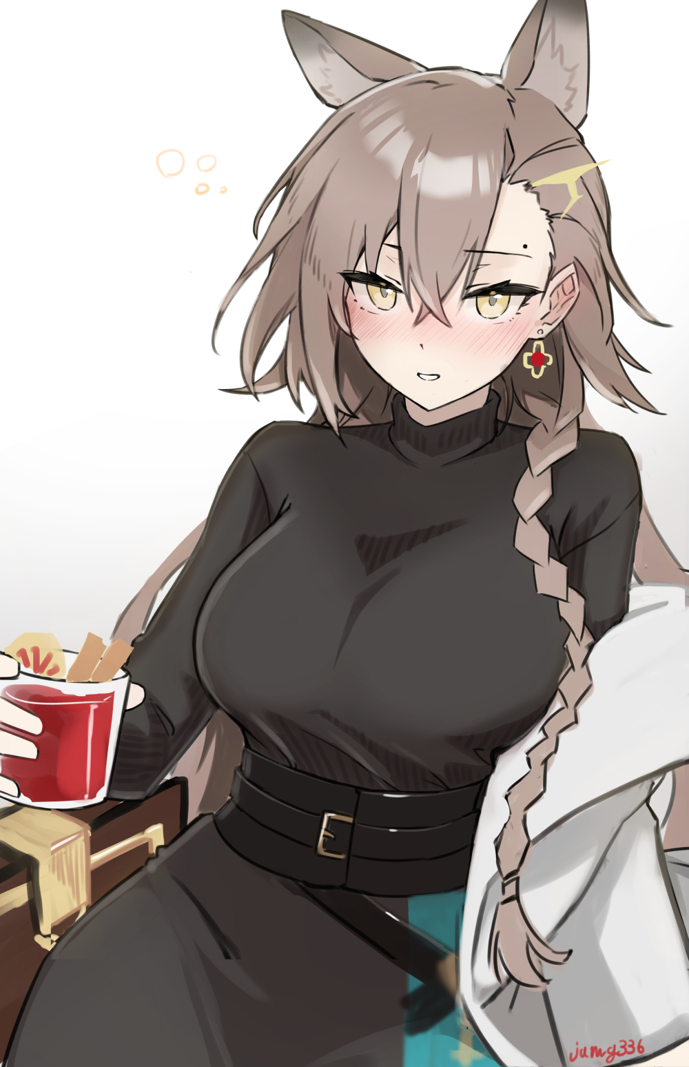 1girl, animal_ears, arknights, blush, braid, brown_hair, cup, dress, drinking_glass, drunk, earrings, extra_ears, gradient_background, highres, holding, holding_cup, jacket, jamg336, jewelry, long_hair, looking_at_viewer, mole_above_eye, mole_on_forehead, official_alternate_costume, penance_(arknights), penance_(occasionally_flushed)_(arknights), solo, turtleneck_dress, twitter_username, white_jacket, wolf_ears, wolf_girl, yellow_eyes