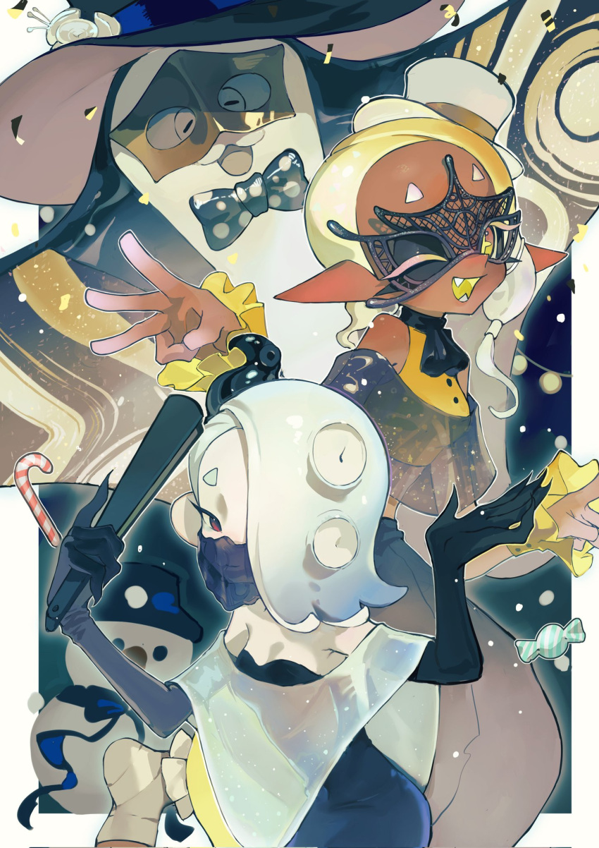 1boy, 2girls, bare_shoulders, big_man_(splatoon), black_bow, black_gloves, black_headwear, blonde_hair