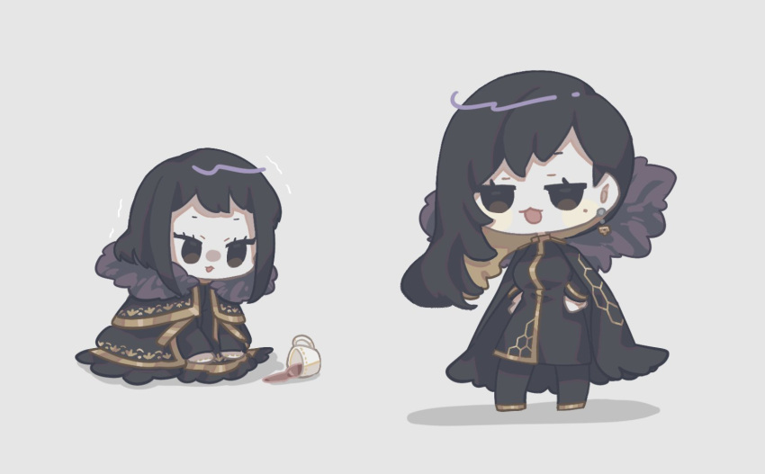2girls, :3, binah_(project_moon), black_cape, black_dress, black_eyes, black_hair, black_pantyhose