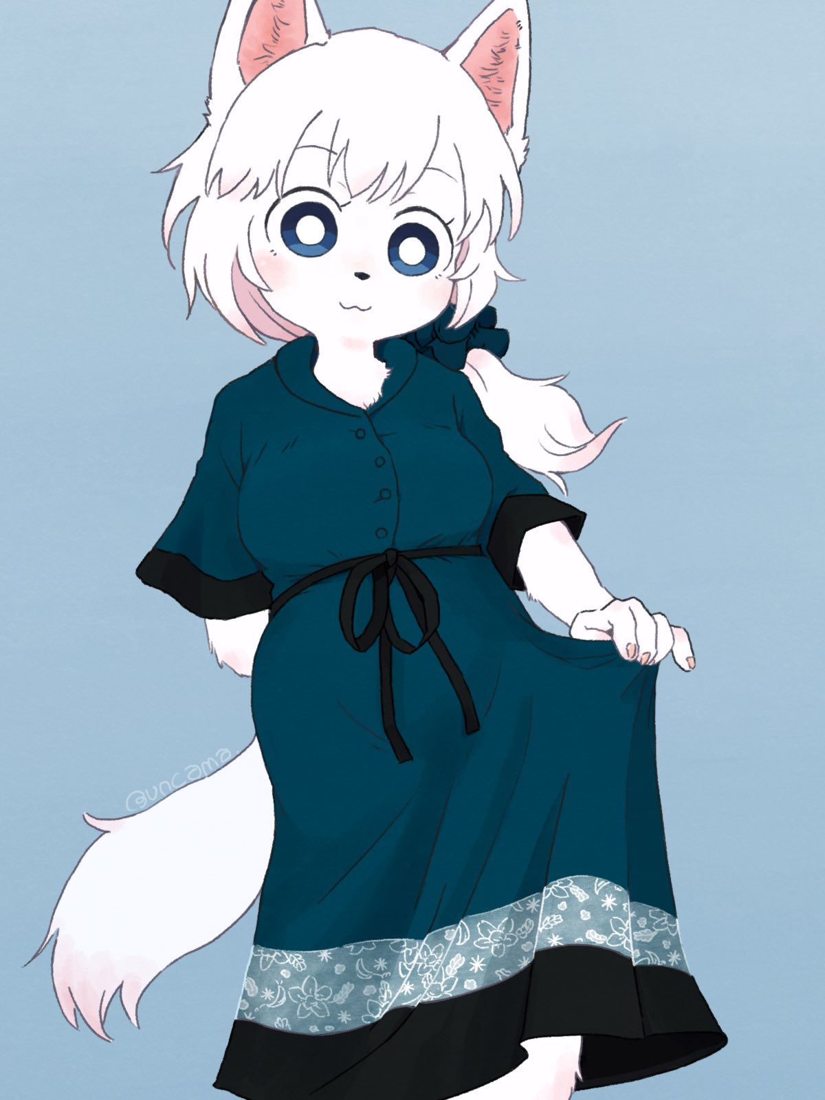 1girl, :3, animal_ears, aqua_dress, arm_behind_back, blue_background, blue_eyes, blush
