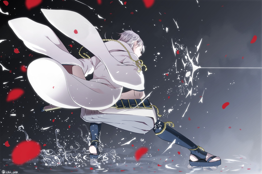 1boy, armor, battoujutsu_stance, coat, covered_mouth, falling_petals, fighting_stance, from_side