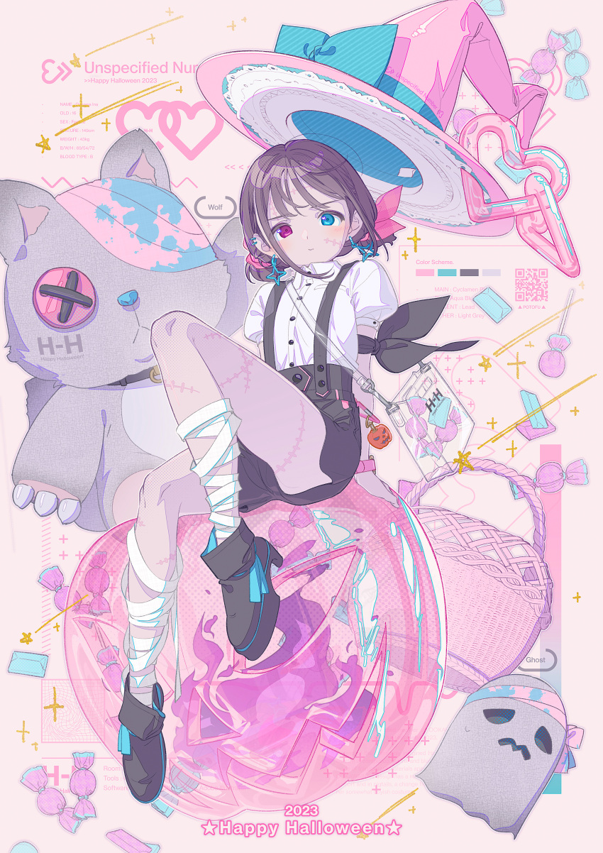 1girl, 2023, absurdres, bag, bandaged_leg, bandages, basket, black_bow