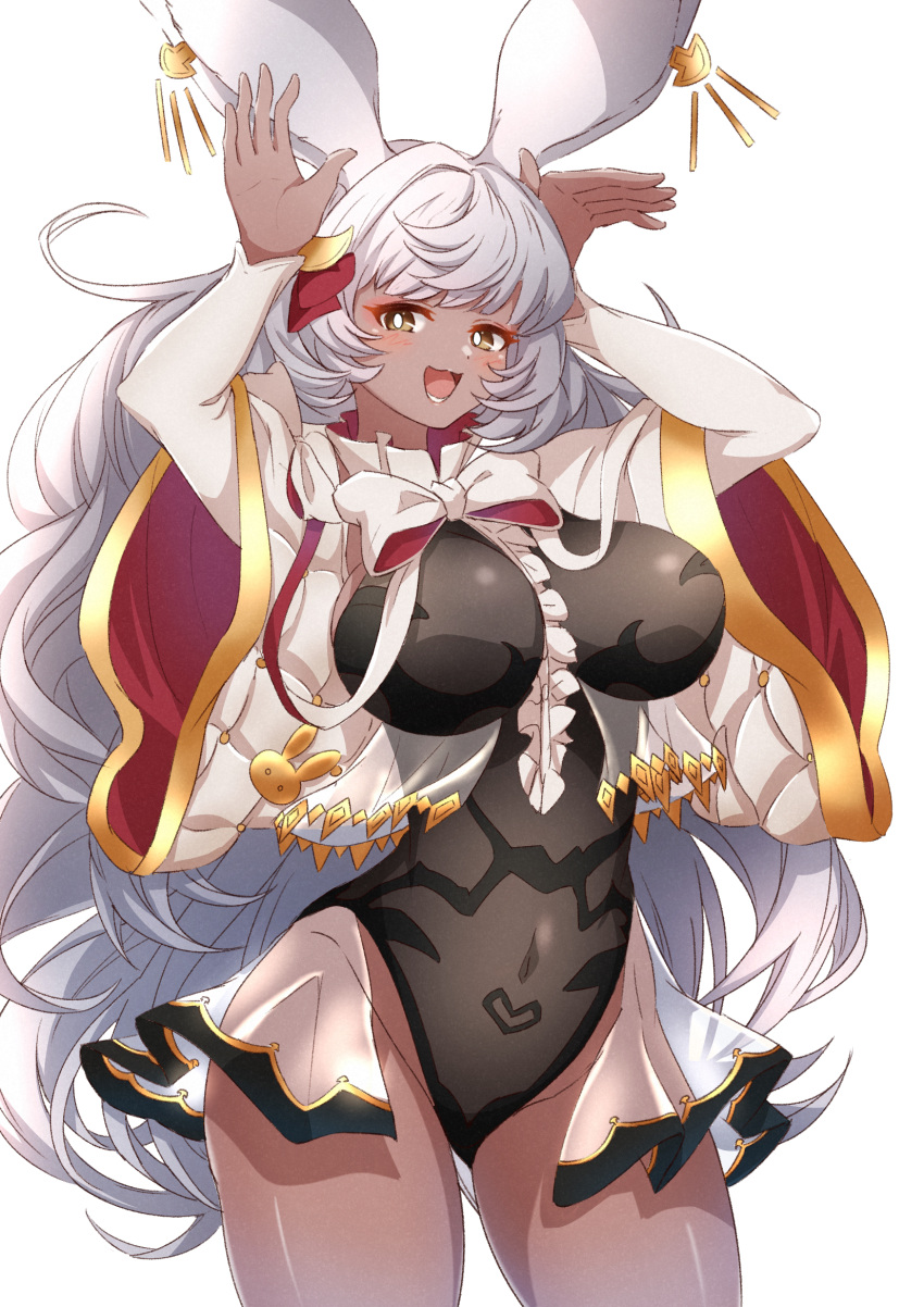1girl, animal_ears, arm_up, black_leotard, black_see-through_leotard, blush, bow, bowtie