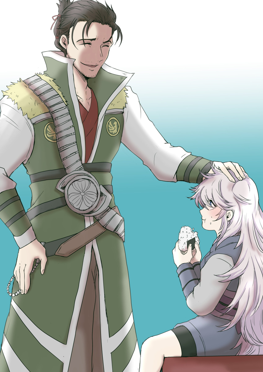 1boy, 1girl, absurdres, black_hair, blue_eyes, closed_eyes, coat, crossover