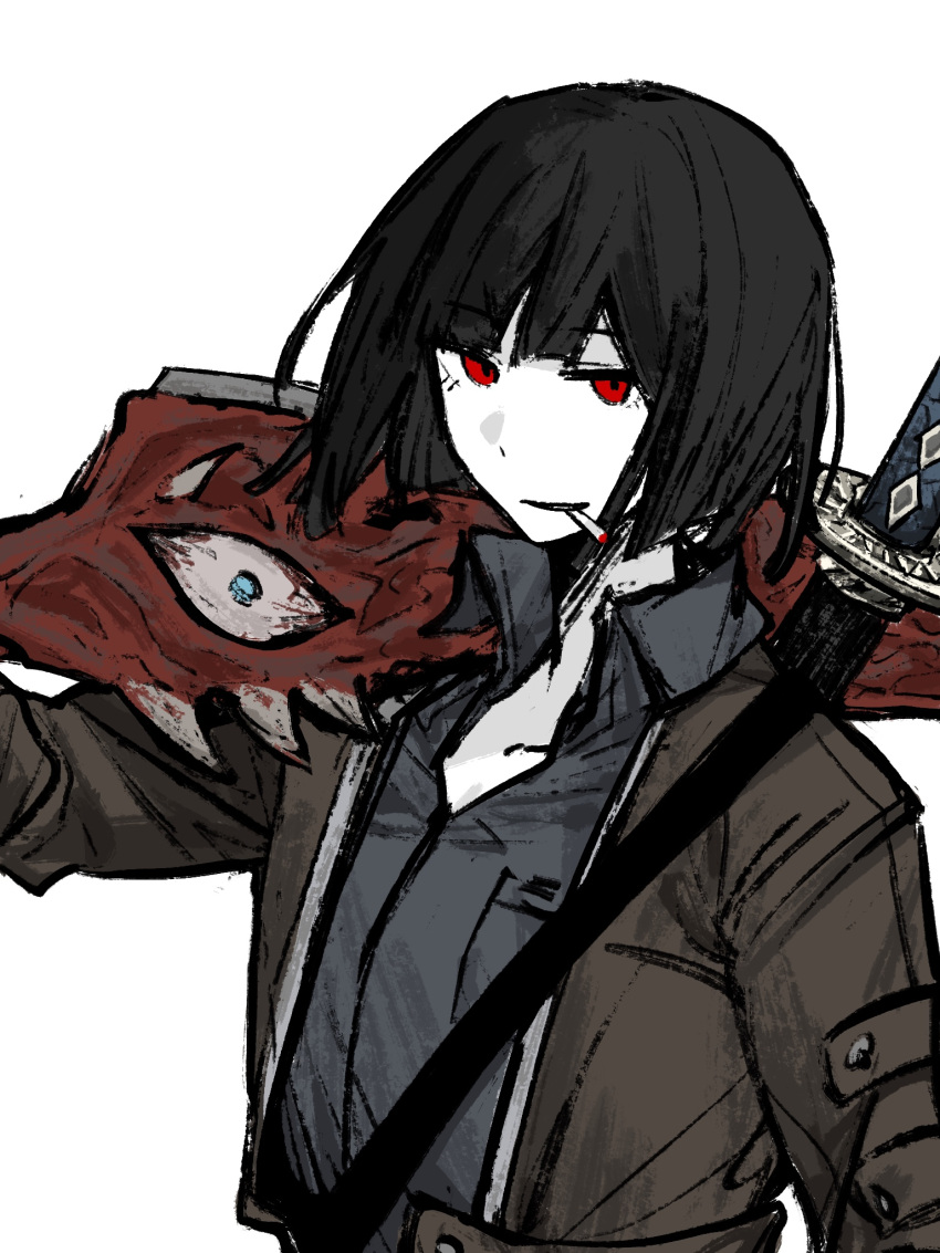 1girl, black_hair, bob_cut, brown_jacket, collared_shirt, cosplay, e.g.o_(project_moon), grey_shirt, highres, ivy_(675671), jacket, kali_(project_moon), kali_(project_moon)_(cosplay), limbus_company, looking_at_viewer, nothing_there, project_moon, ryoshu_(project_moon), shirt, short_hair, simple_background, solo, white_background