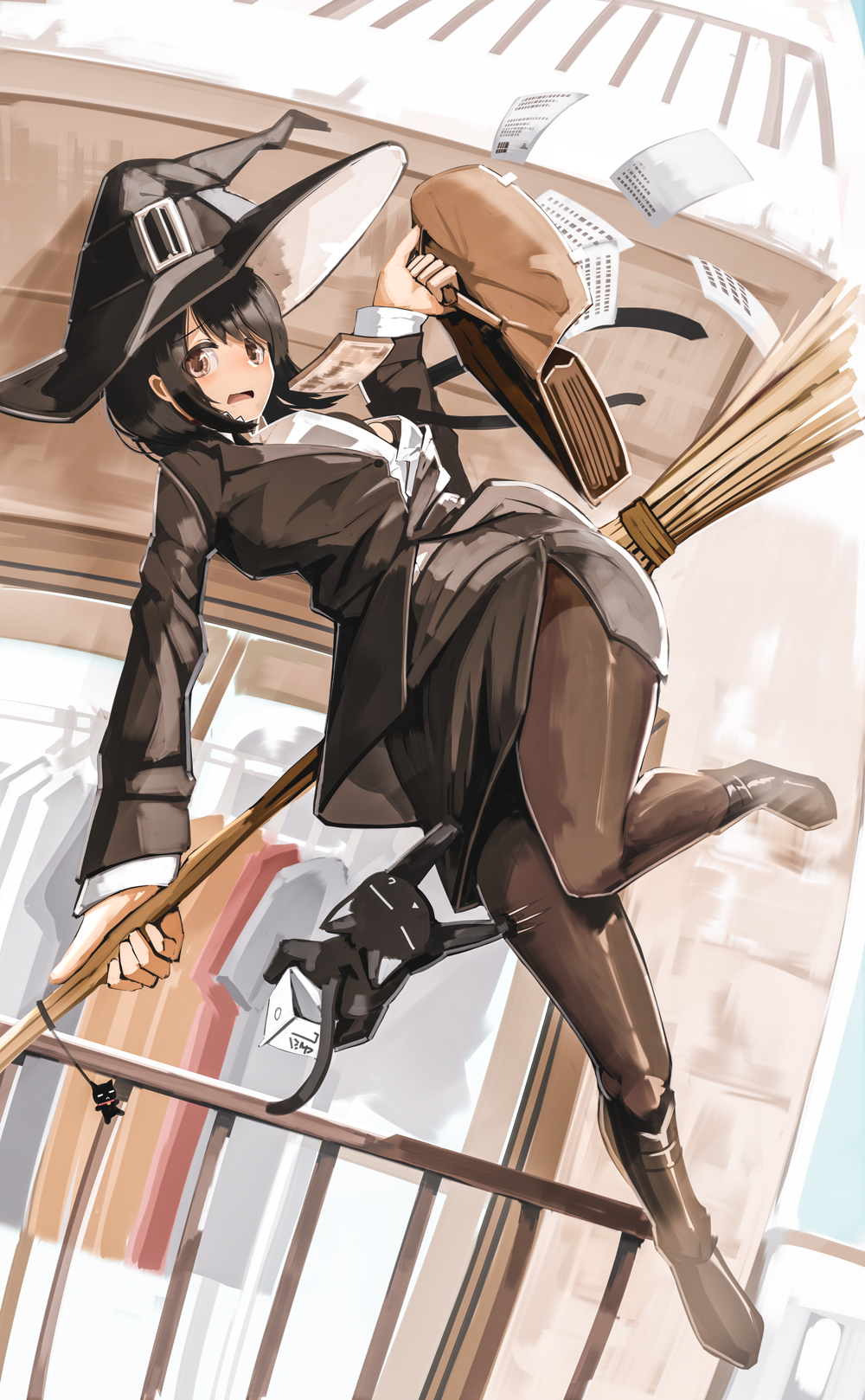 1girl, bag, black_cat, black_footwear, black_hair, black_headwear, black_jacket, black_skirt
