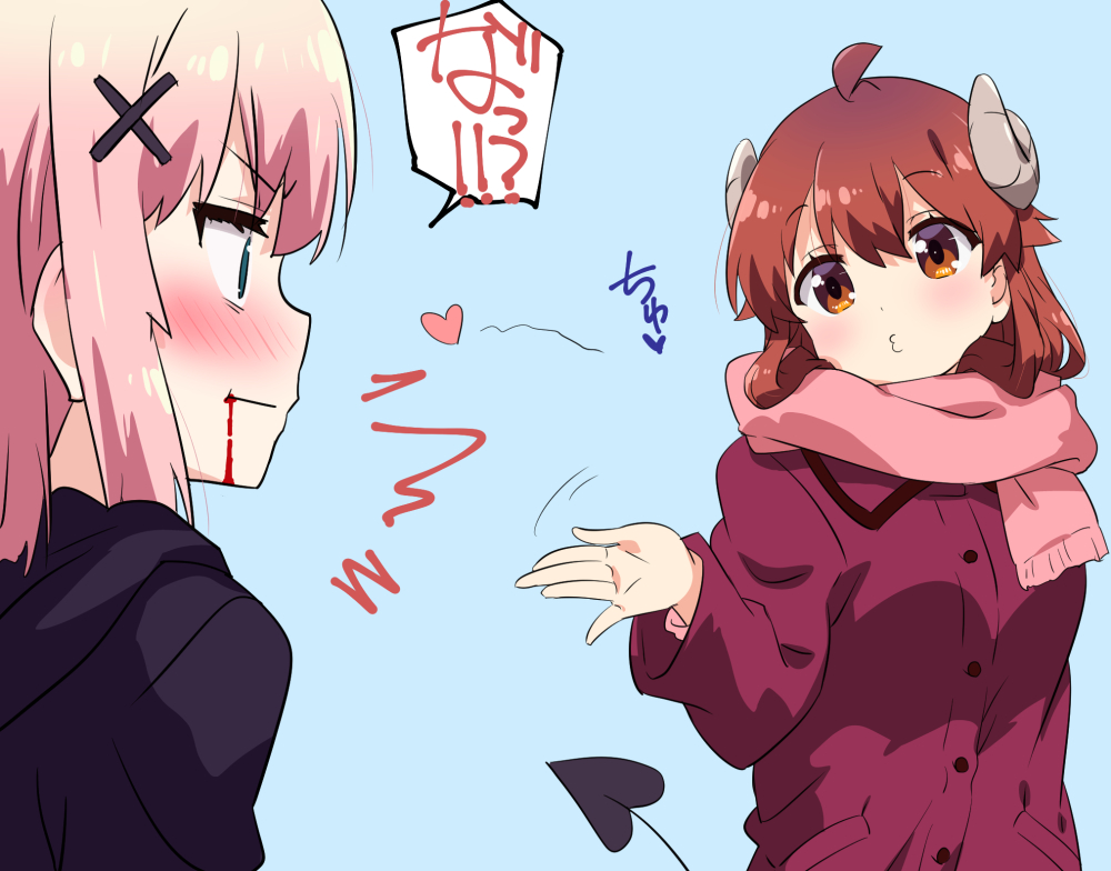 2girls, blood, blowing_kiss, blush, brown_eyes, chiyoda_momo, demon_tail, hair_ornament