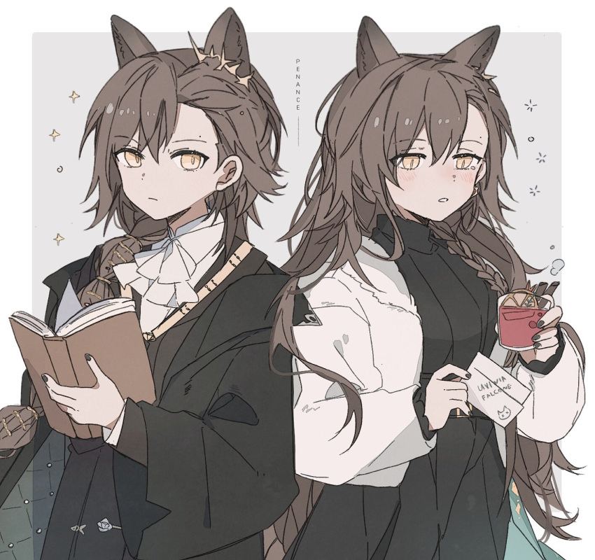 2girls, alcohol, animal_ear_fluff, animal_ears, arknights, ascot, belt, belt_buckle