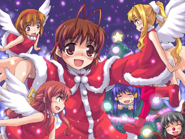 :d, =_=, air, amasawa_ikumi, antenna_hair, atsumuchi, bad_id, black_hair, blonde_hair, boots, brown_eyes, brown_hair, chibi, christmas, clannad, company_connection, crossover, dango_daikazoku, dousei_(game), everyone, furukawa_nagisa, hair_ribbon, hairband, hisakawa_chin, kamio_misuzu, kanon, key_(company), long_hair, minase_manami, moon_(game), multiple_girls, nagamori_mizuka, night, oekaki, one_-_kagayaku_kisetsu_e, open_mouth, orange_hair, outstretched_arms, ponytail, red_eyes, red_nose, reindeer, ribbon, santa_costume, short_hair, smile, snow, spread_arms, star, sweatdrop, tree, tsukimiya_ayu, wings
