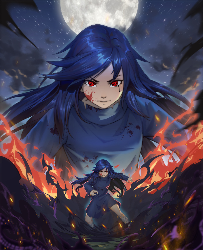 1girl, absurdres, bandaged_leg, bandages, black_fire, black_hair, blood, blood_from_eyes