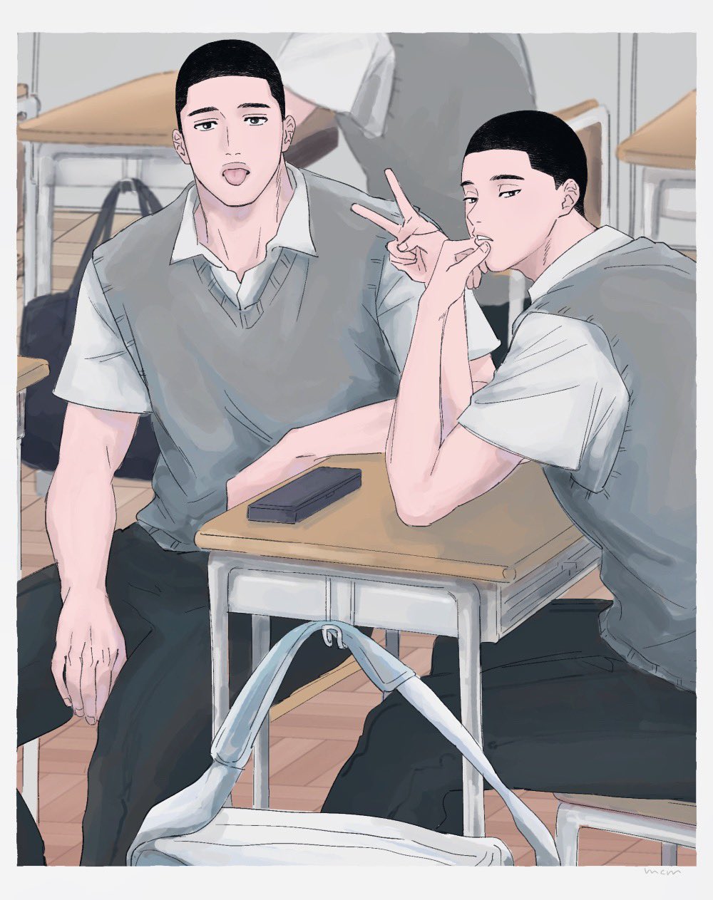 2boys, bag, black_eyes, black_hair, black_pants, buzz_cut, chair, classroom