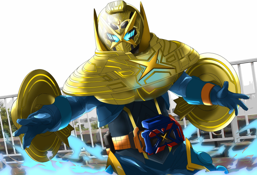 1boy, alternate_costume, alternate_eye_color, armor, blue_bodysuit, blue_eyes, bodysuit, clenched_hands, cross_ufox, driver_(kamen_rider), gauntlets, gotcha_driver, highres, kamen_rider, kamen_rider_gotchard, kamen_rider_gotchard_(series), male_focus, miyabi_(037), official_alternate_costume, official_alternate_eye_color, open_hands, outdoors, outstretched_arms, rider_belt, scarf, science_fiction, solo, space, spread_arms, spread_legs, thighs, tokusatsu, translucent, ufo, x_mark, yellow_armor