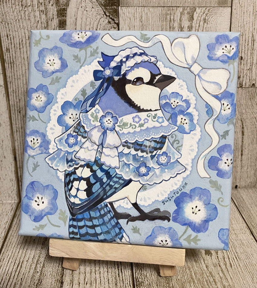 absurdres, acrylic_gouache_(medium), acrylic_paint_(medium), animal, animal_focus, artist_name, baby_blue_eyes_(flower), bird