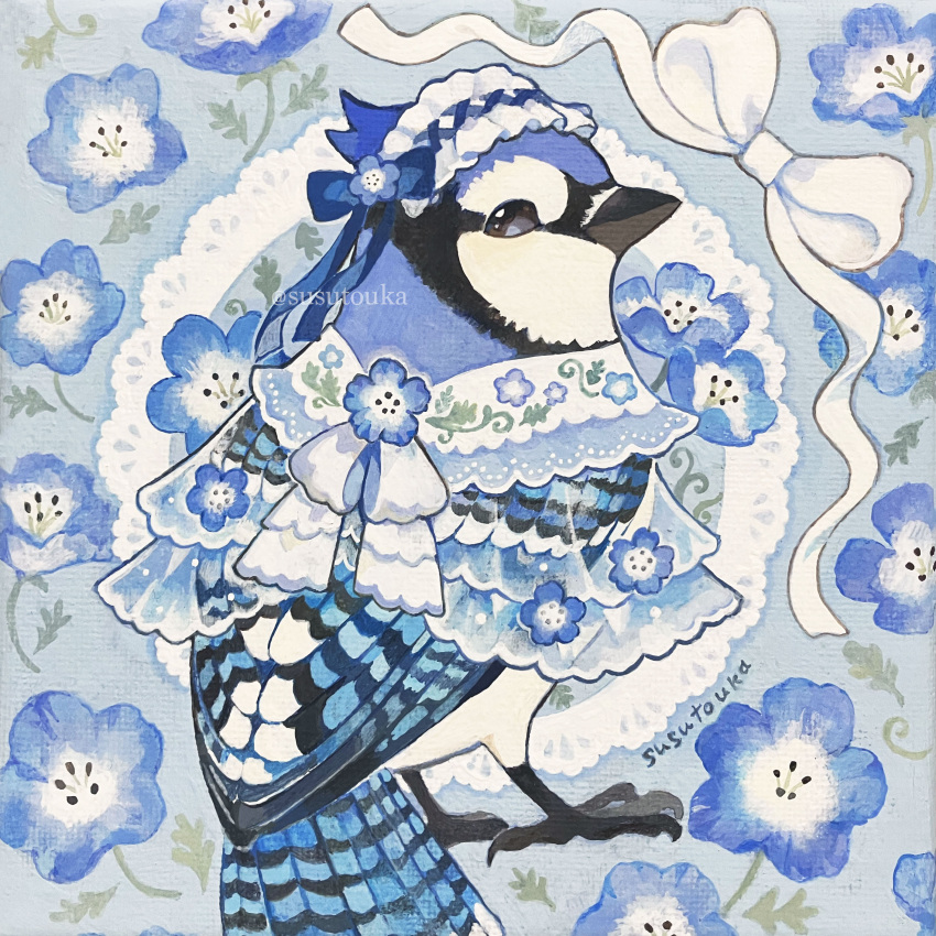 absurdres, acrylic_gouache_(medium), acrylic_paint_(medium), animal, animal_focus, artist_name, baby_blue_eyes_(flower), bird
