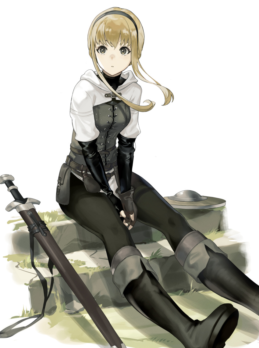 1girl, belt, belt_pouch, blonde_hair, boots, brigandine_(armor), buckler, dawn_traveller_(km_yama), fantasy, fingerless_gloves, gloves, green_eyes, highres, hood, hood_down, km_yama, original, pouch, sheath, sheathed, shield, short_hair_with_long_locks, sitting, sitting_on_stairs, solo, stairs, sword, weapon, wind, wind_lift