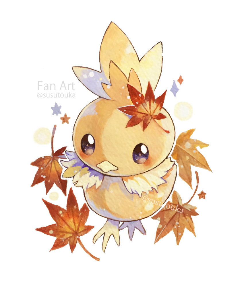 absurdres, acrylic_gouache_(medium), acrylic_paint_(medium), animal_focus, artist_name, autumn_leaves, bird, closed_mouth