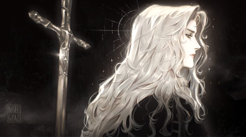 1boy, alucard_(castlevania), ascot, bishounen, black_background, bloom, castlevania:_nocturne, castlevania_(series)