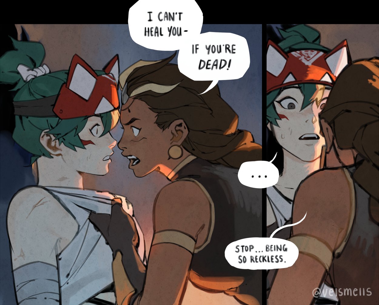 ..., 2girls, arguing, bare_shoulders, dark-skinned_female, dark_skin, earrings, english_commentary