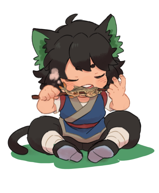 1boy, black_hair, blush, cat_boy, cat_tail, chinese_clothes, closed_eyes, eating