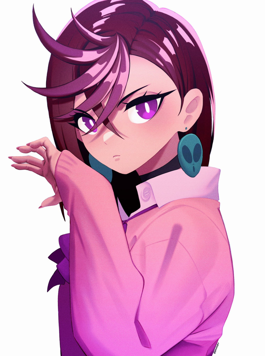 1girl, ayase_momo, bright_pupils, cardigan, dandadan, earrings, fingernails, frown, hair_between_eyes, highres, jewelry, kxddybu, long_fingernails, long_hair, long_sleeves, looking_at_viewer, pink_cardigan, purple_hair, shirt, simple_background, solo, stud_earrings, swept_bangs, twitter_username, upper_body, violet_eyes, white_background, white_pupils, white_shirt
