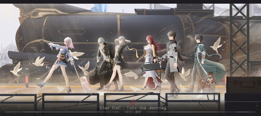 1other, 3boys, 3girls, absurdres, arms_behind_head, bag, bird, boots