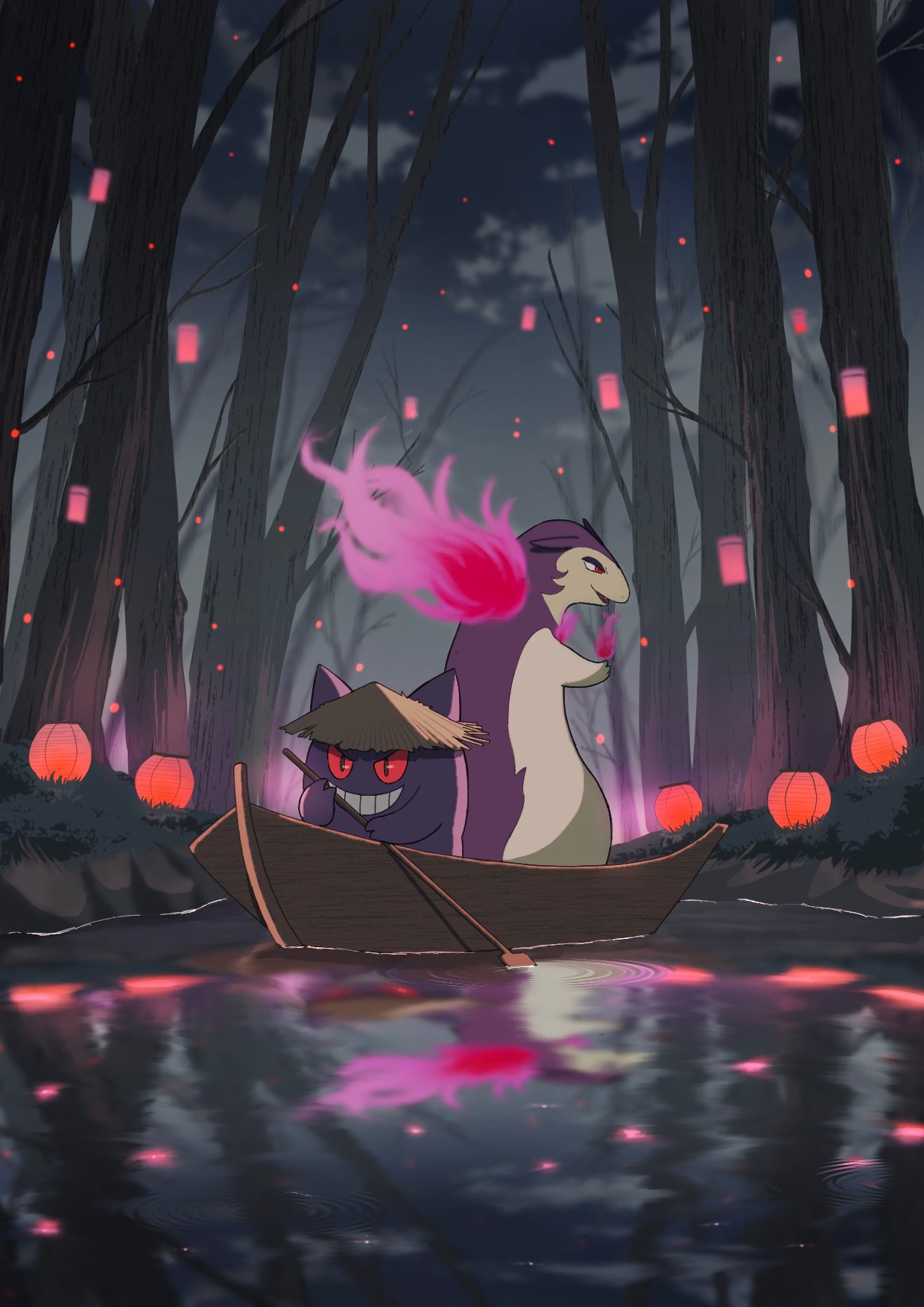animal_focus, black_eyes, blurry, blurry_background, boat, colored_sclera, commentary_request, gengar, grin, hat, highres, hisuian_typhlosion, lantern, mri_361, no_humans, paddle, pokemon, pokemon_(creature), red_sclera, rice_hat, rowing, smile, tree, water, watercraft