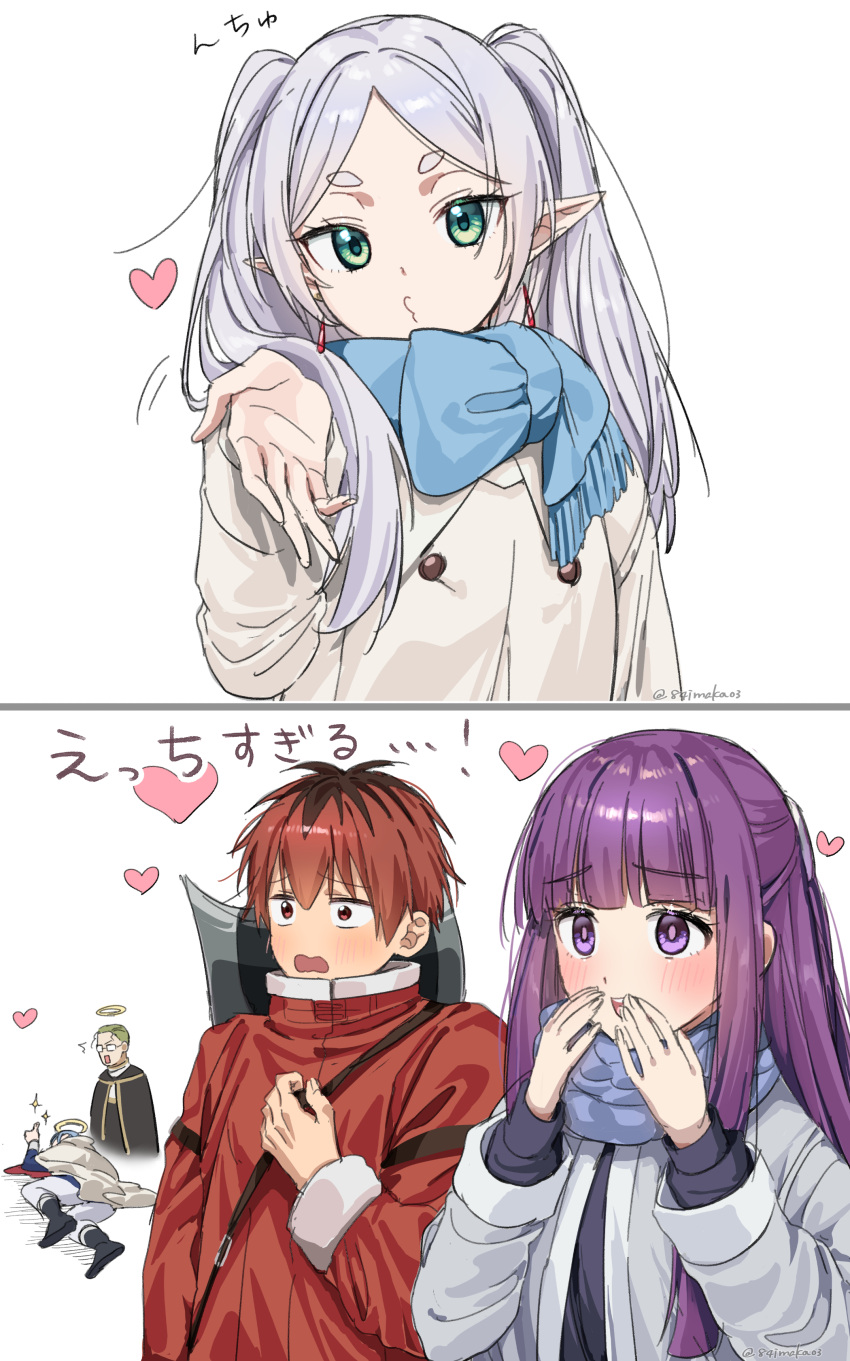 2girls, 3boys, ^^^, absurdres, blood, blowing_kiss, blue_scarf, coat