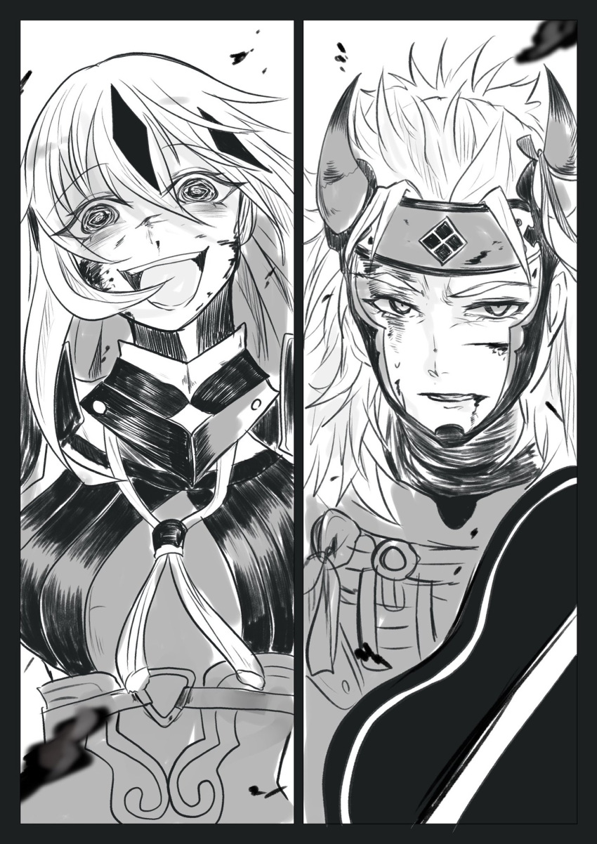 1boy, 1girl, blood, blood_from_mouth, blood_on_face, crazy_eyes, fake_horns, fate/grand_order