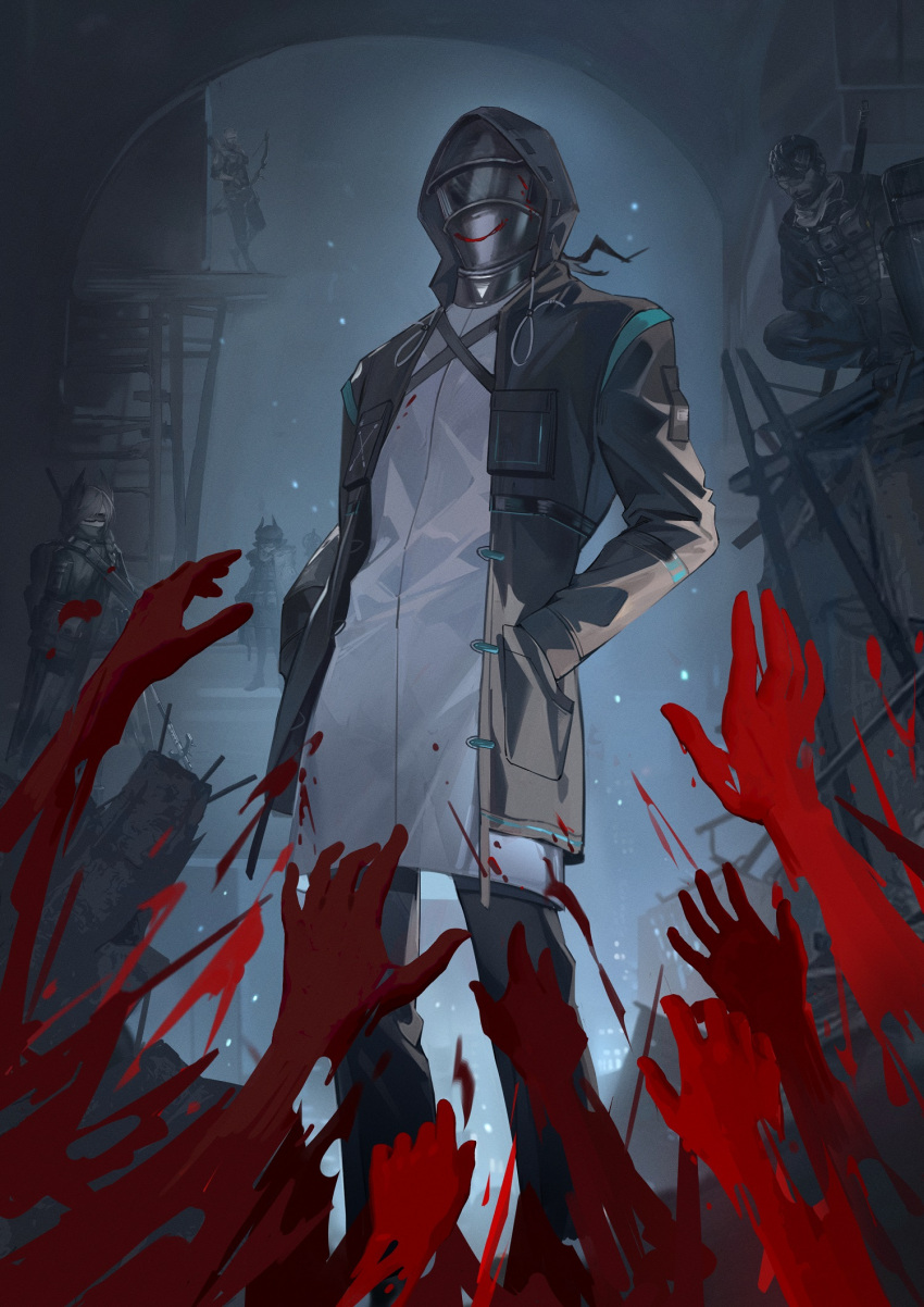 1other, 2boys, 2girls, 9chung, ambiguous_gender, arknights, black_coat, black_gloves, black_jacket, black_pants, blood, blood_on_clothes, bow_(weapon), bulletproof_vest, coat, commentary, doctor_(arknights), feather_hair, gloves, goggles, grey_hair, hands_in_pockets, highres, holding, holding_bow_(weapon), holding_shield, holding_staff, holding_weapon, hood, hood_up, hooded_coat, horns, jacket, long_sleeves, mask, multiple_boys, multiple_girls, open_clothes, open_coat, pants, pith_(arknights), reaching, sharp_(arknights), shield, staff, stormeye_(arknights), touch_(arknights), weapon, white_coat
