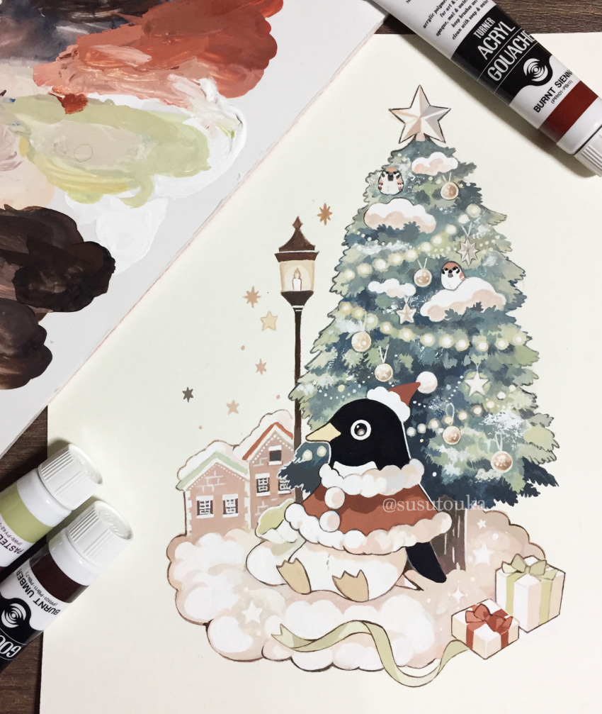 absurdres, acrylic_gouache_(medium), acrylic_paint_(medium), animal, animal_focus, art_tools_in_frame, artist_name, bauble