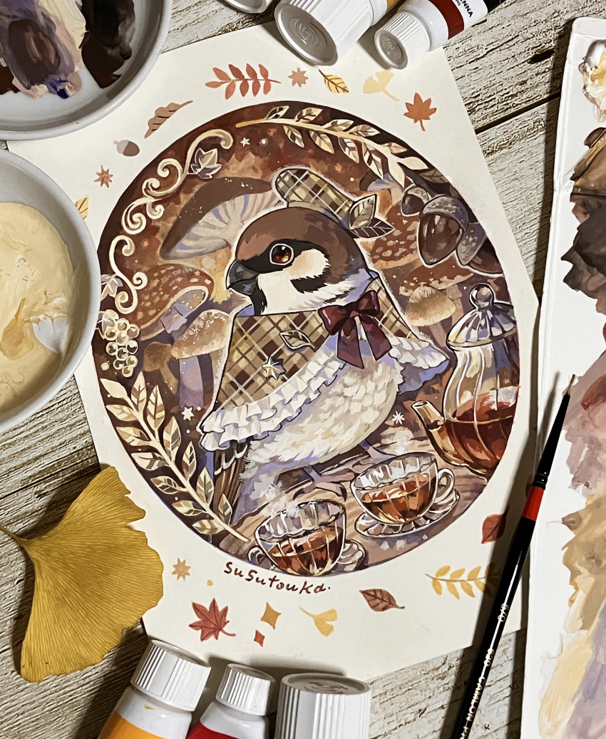 absurdres, acorn, acrylic_gouache_(medium), acrylic_paint_(medium), animal, animal_focus, art_tools_in_frame, autumn