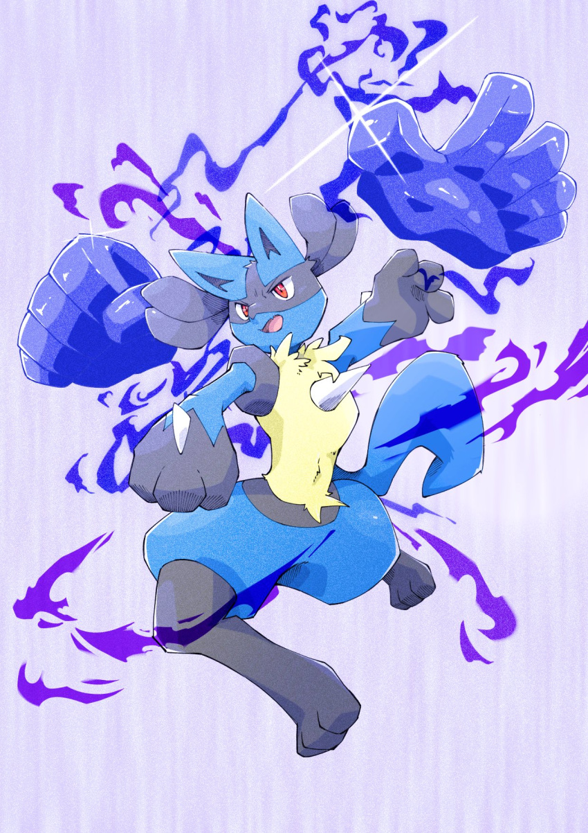 animal_focus, aura, clenched_hand, commentary_request, glint, highres, lucario, no_humans, open_mouth, pokemon, pokemon_(creature), purple_background, red_eyes, s2o3_chio, simple_background, solo, spikes, splatoon_(series), triple_splashdown_(splatoon), yellow_fur