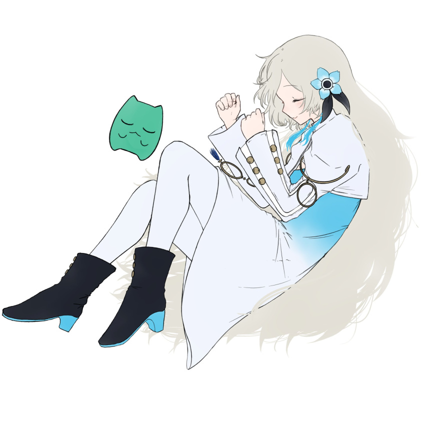 1girl, black_footwear, blue_dress, blue_flower, blue_hair, boots, closed_eyes, creature