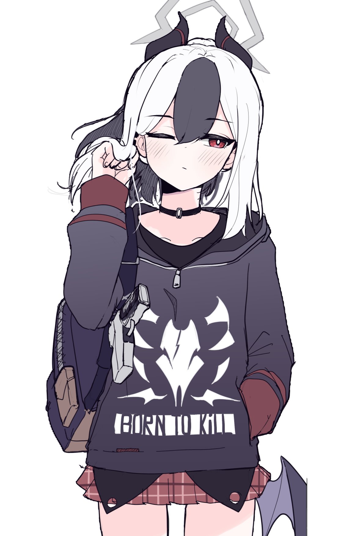 1girl, black_hair, black_hoodie, black_horns, blue_archive, closed_mouth, cowboy_shot, demon_horns