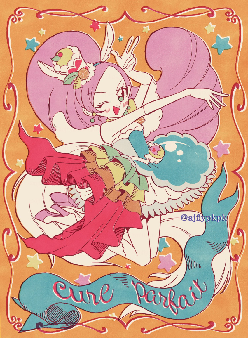 1girl, aji_fry, animal_ears, blue_hairband, boots, cure_parfait, dress, earrings, elbow_gloves, food, food-themed_hair_ornament, fruit, gloves, green_eyes, hair_ornament, hairband, highres, jewelry, kirahoshi_ciel, kirakira_precure_a_la_mode, long_hair, magical_girl, open_mouth, orange_(fruit), orange_slice, parfait, pink_hair, ponytail, precure, smile, solo, tail, white_gloves, white_wings, wide_ponytail, wings
